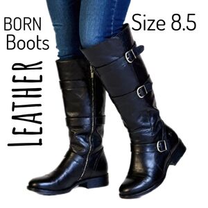 Born Falmouth Knee High Black Leather Moto Boot Size 8.5